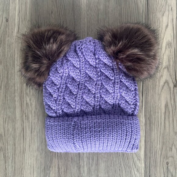 Arctic Paw Pom Pom Beanie Cable Knit Fleece Lined Winter Beanie Women Hat Purple - Picture 3 of 4
